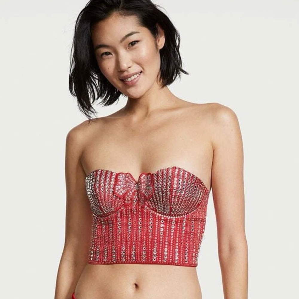 Victoria’s Secret Red‎ Rhinestone Corset Bustier Bow Crop Top S NWT